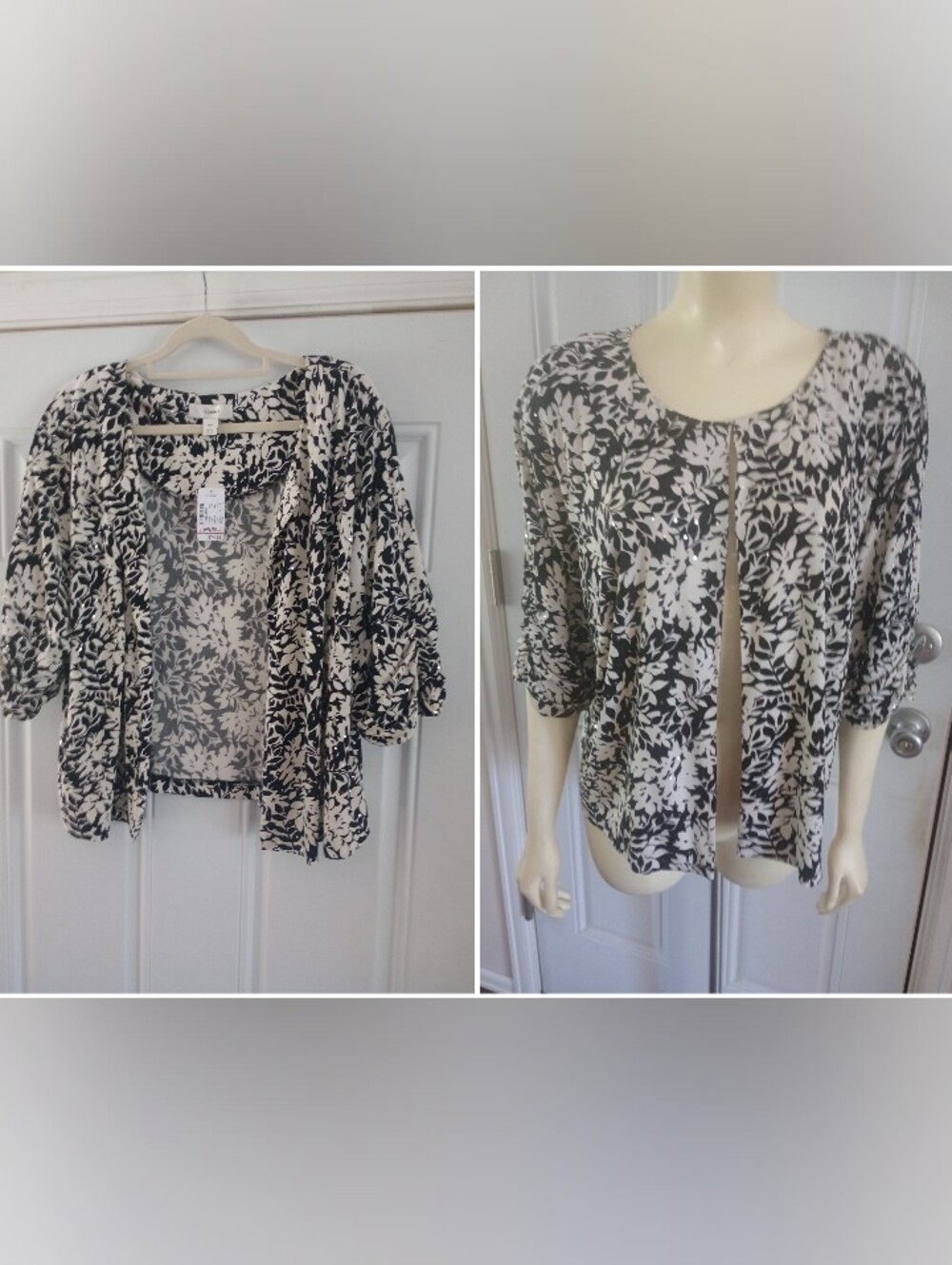 Cj Banks Floral Open Front Jacket 3/4 SLEEVES BOTANICAL PATTERN Sequin 18W